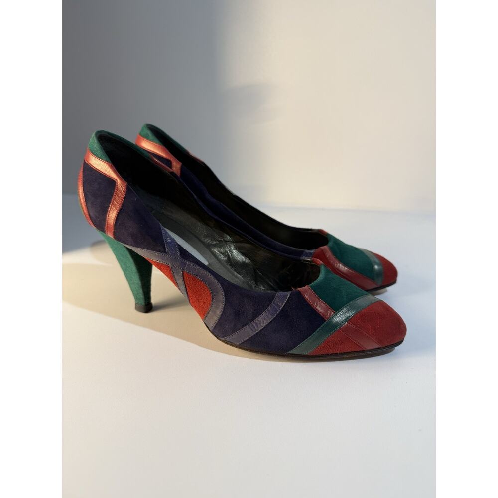 VTG 80s ZS Moda Denis Italian Patchwork Suede Pumps Heels Jewel Tone Size 37.5
